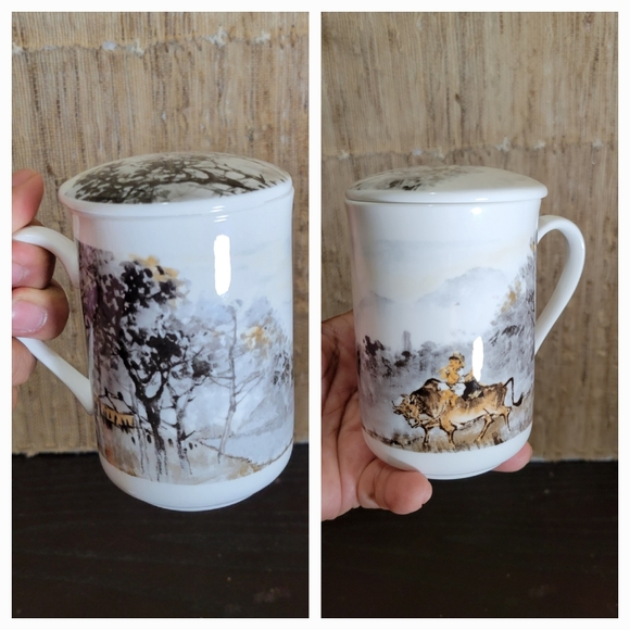 BOSSIGI "boy on cow" Fine China coffee / tea cup/ with Cover  NWOT - Picture 1 of 2